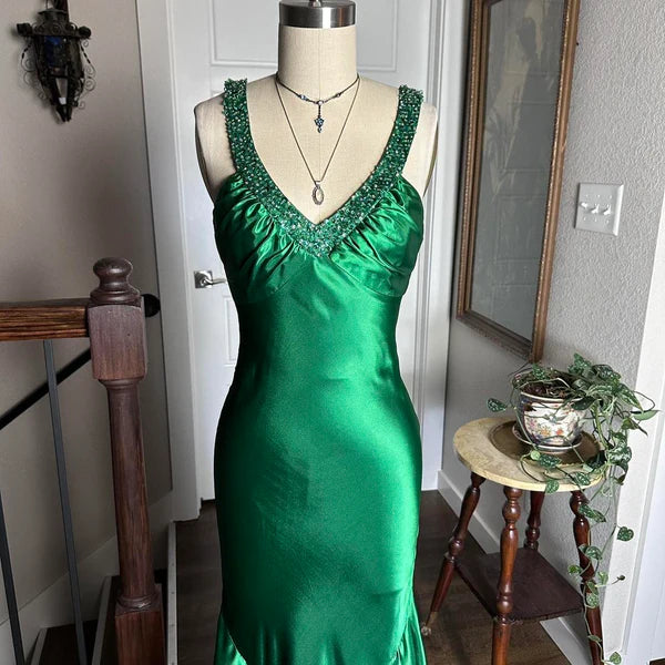 Robe de soirée moulante longue en satin vert brillant, style vintage, sexy, col en V, strass, dos nu, robe de bal formelle, robe de soirée, nv4418