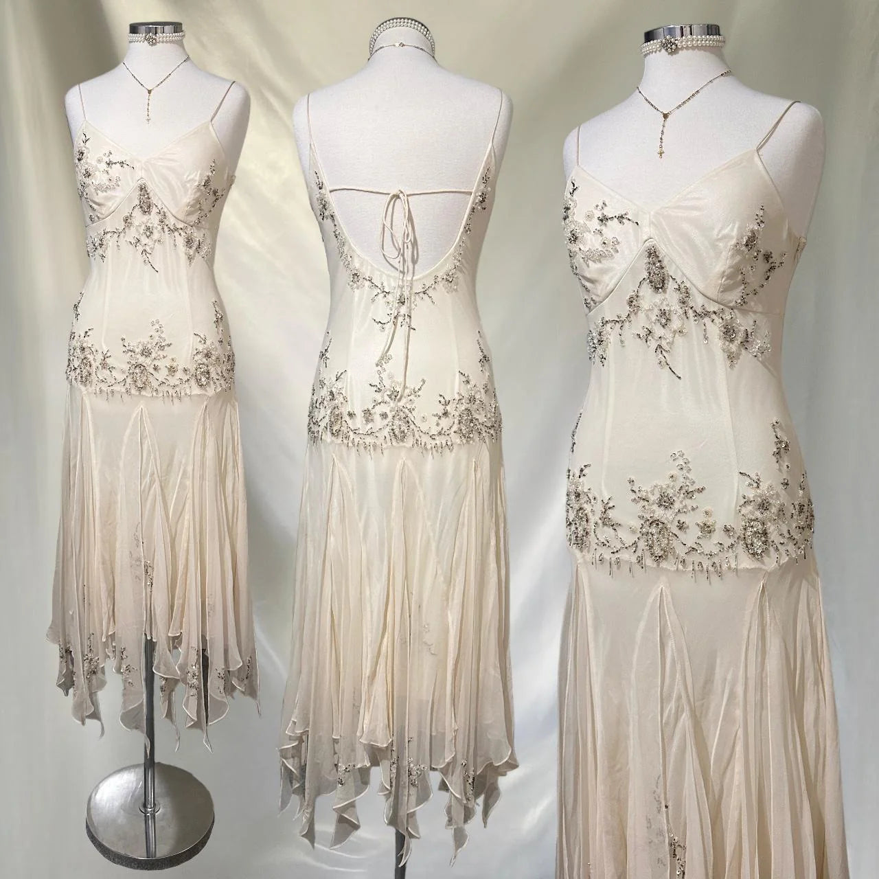 Robe longue en mousseline de soie ivoire à volants et perles, robe de soirée, robe de bal, nv4579