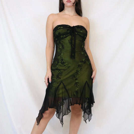 ✨💚Vintage Perlenbesetztes grünes Feen-Lang-Chiffon-Mini-Kleid für formelle Heimkehr, Geburtstagspartykleid, nv4991