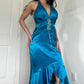 Robe de soirée longue en satin bleu vintage avec strass et col licou, nv4664