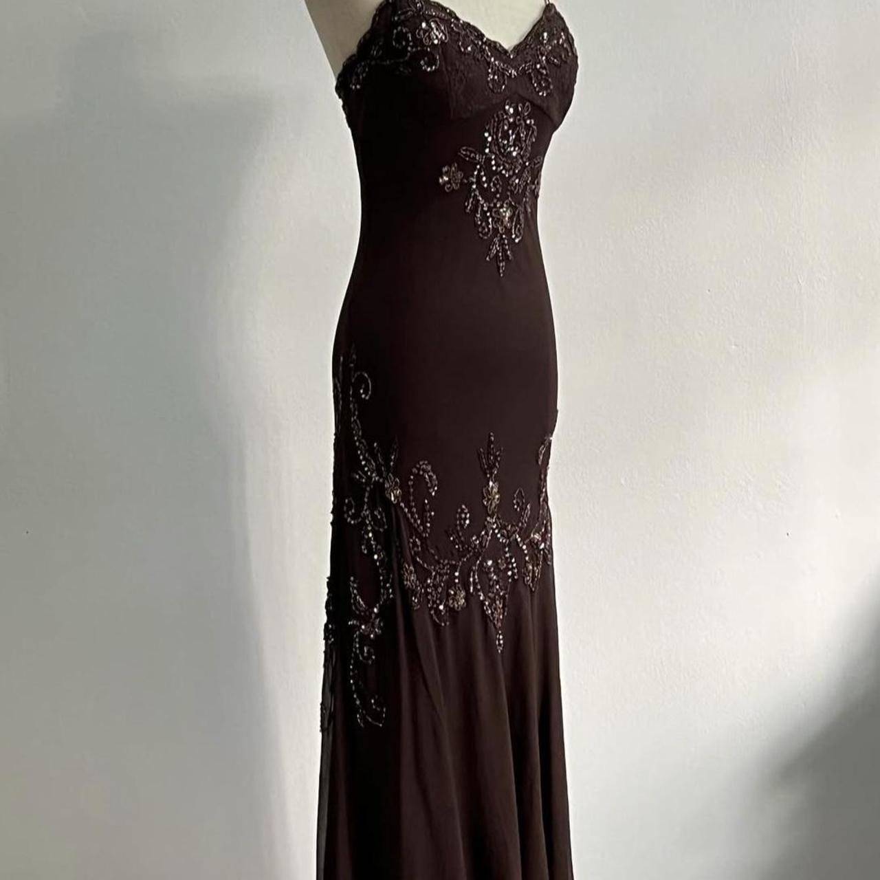 🧚🏼‍♂️Seltenes Vintage-Maxikleid im Y2K-Stil im böhmischen Stil mit brauner Spitze, Perlen, Pailletten und Blumenstickerei, elegantes Ballkleid, Abendkleid, Partykleid, NV4408