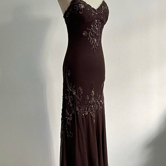 🧚🏼‍♂️Seltenes Vintage-Maxikleid im Y2K-Stil im böhmischen Stil mit brauner Spitze, Perlen, Pailletten und Blumenstickerei, elegantes Ballkleid, Abendkleid, Partykleid, NV4408