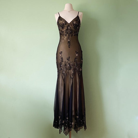 NiceVestidos - Robe de bal longue en mousseline de soie, style vintage, marron, exquise, perlée, NV5655