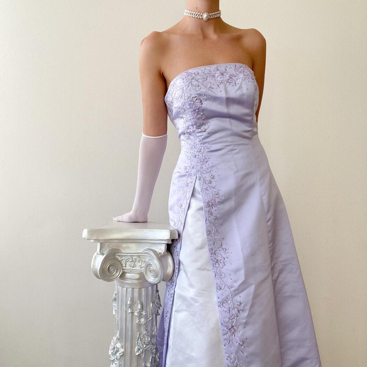 Robe de soirée longue en satin et tulle, tenue de bal élégante et raffinée, style vintage, violet clair, motif floral, perles, pour anniversaire, nv4001