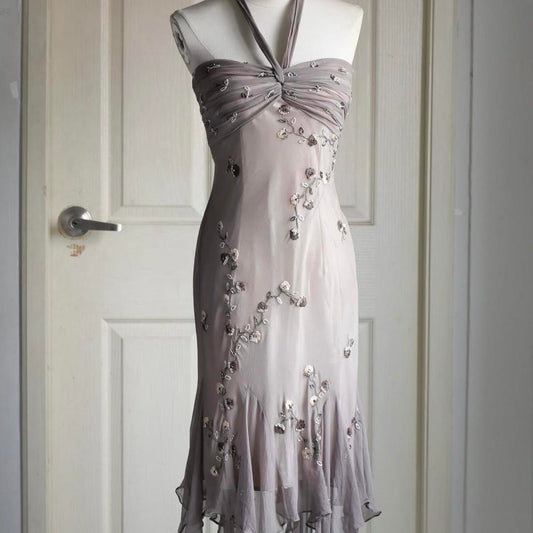 🧚🏼‍♂️Robe de soirée vintage gris chaud Y2K, style bohème, florale, brodée de perles, dos nu, robe de bal, robe de soirée, robe d'invité de mariage, nv4405