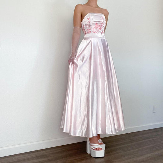 NiceVestidos - Robe longue en satin rose clair à fleurs, style vintage, robe de soirée, robe de bal, NV5726