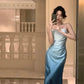 Blue elegant slim spaghetti strap off the shoulder long ball gown evening dress party dress birthday dress nv2321