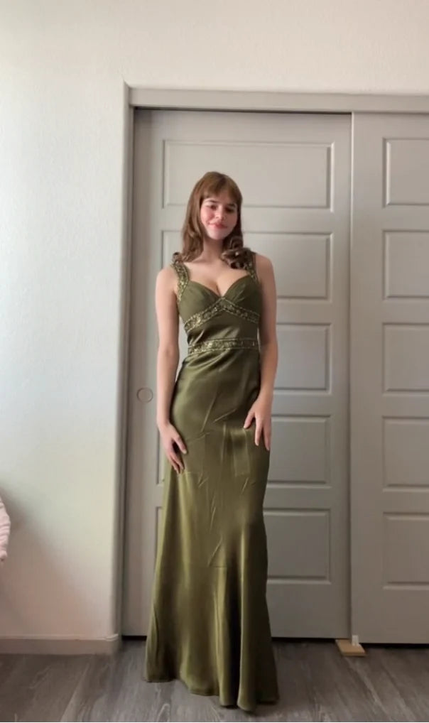 Olive Green Vintage Fashion Elegant Bodycon Long Satin Ball Gown Evening Dress Party Dress nv3516