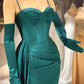 Dunkelgrünes elegantes Meerjungfrau-Ballkleid mit langen Spaghettiträgern und Rüschen nv1980