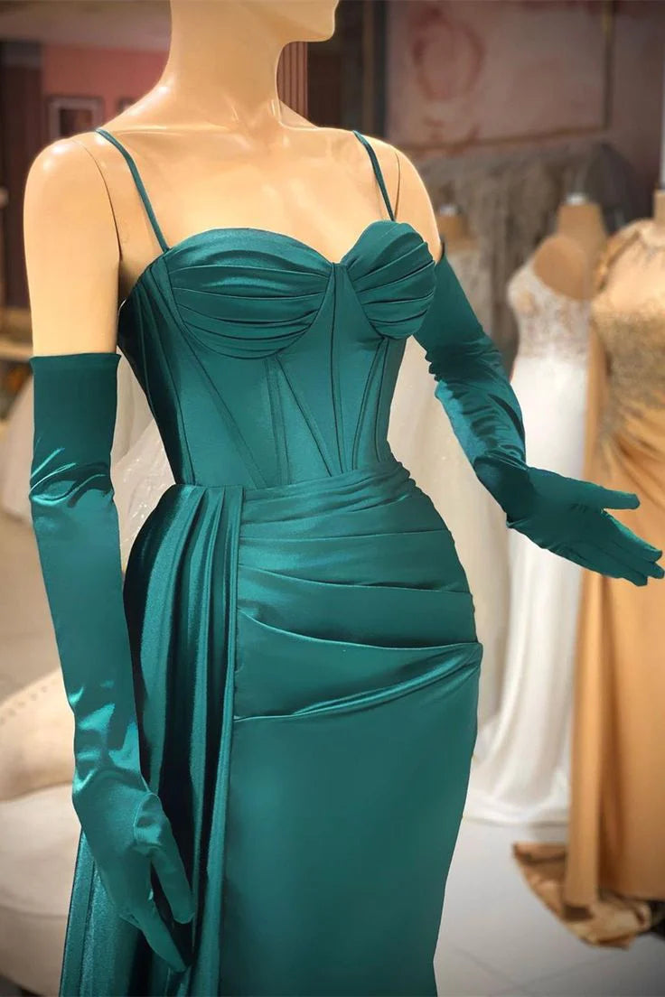 Dunkelgrünes elegantes Meerjungfrau-Ballkleid mit langen Spaghettiträgern und Rüschen nv1980