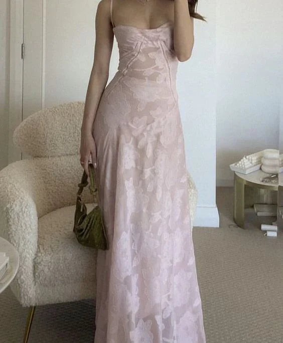 Robe de soirée élégante à bretelles spaghetti et sirène sans manches en dentelle rose nv1790