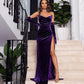 Purple Sexy Bodycon Off Shoulder Long Velvet Slit Ball Gown Evening Dress with Gloves nv2967