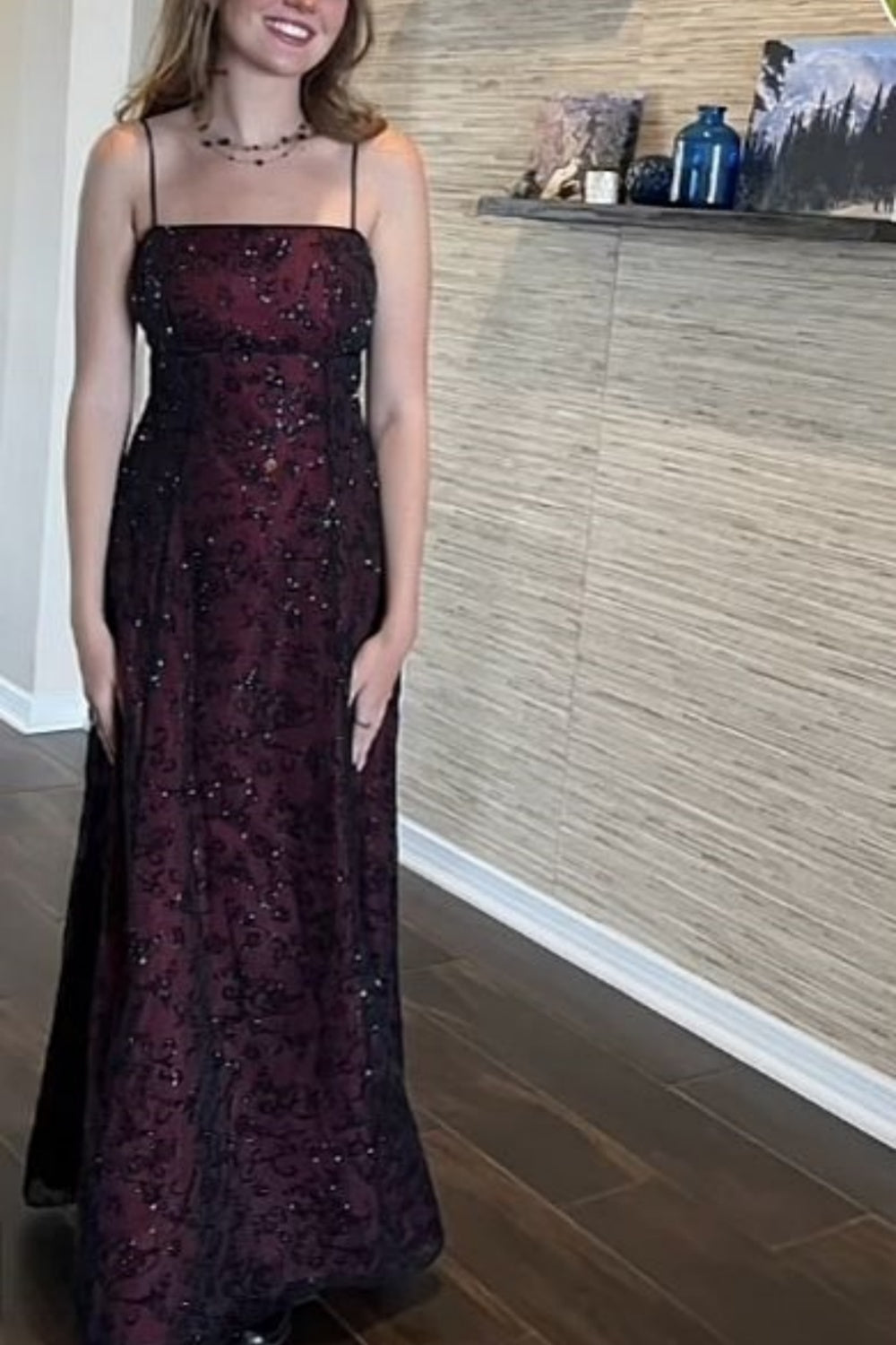 NiceVestidos – Burgunderrotes, bodenlanges Ballkleid im Prom-Highlight-Stil mit Perlen, Blumenstickerei und Spaghettiträgern, NV5807
