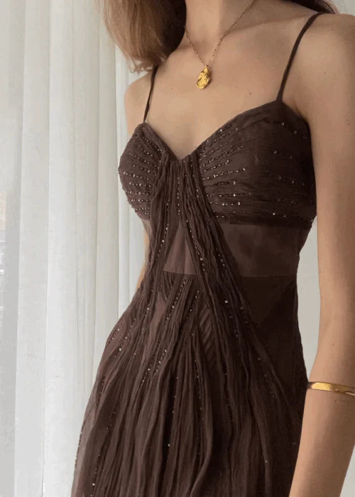 Vintage A-Linie Träger Bodenlanges Braunes Ballkleid nv1696