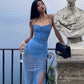 Blue suspenders fashionable sexy long chiffon ball gown see-through ball gown evening dress party dress holiday beach dress nv3493