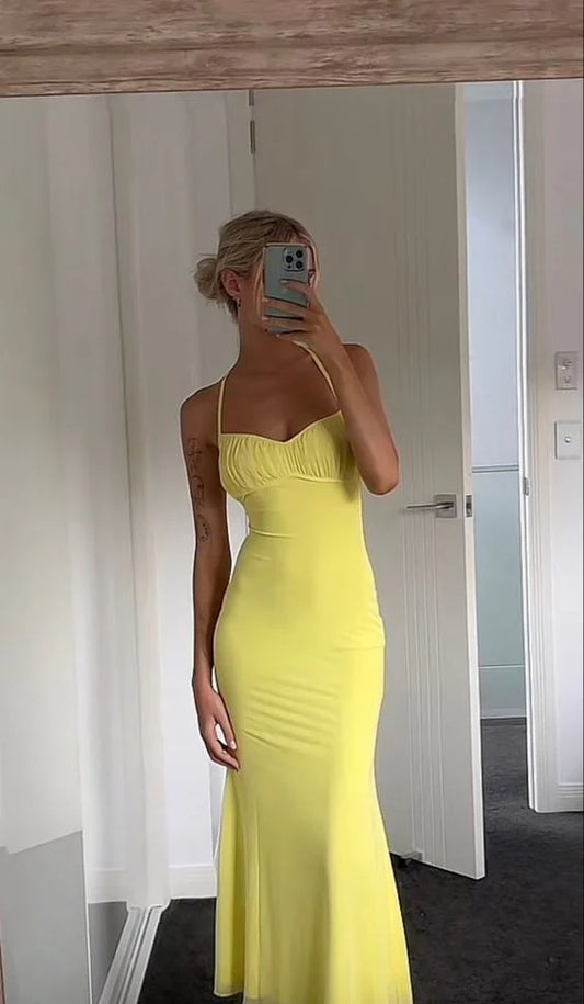 Gelbes schlichtes Meerjungfrauen-Sling-Langballkleid Abendkleid Partykleid NV2033