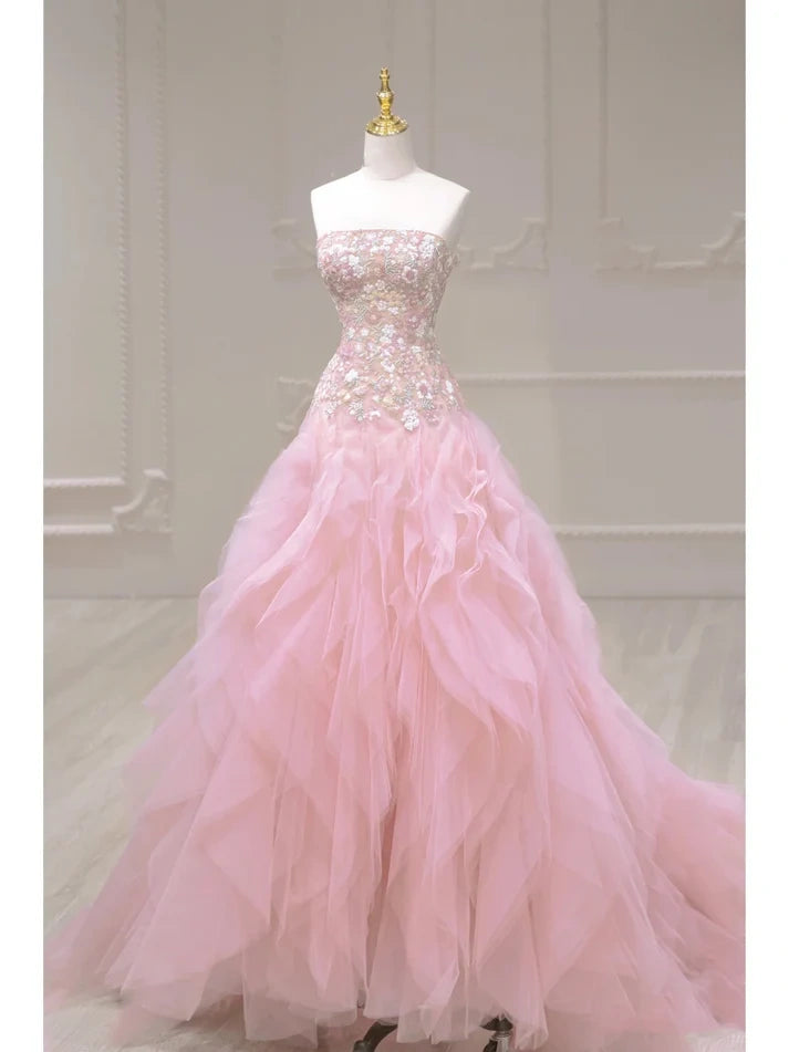 Pink Luxury Exquisite Floral Long Elegant Fairy Ball Gown Off Shoulder Tulle Ball Gown nv3307