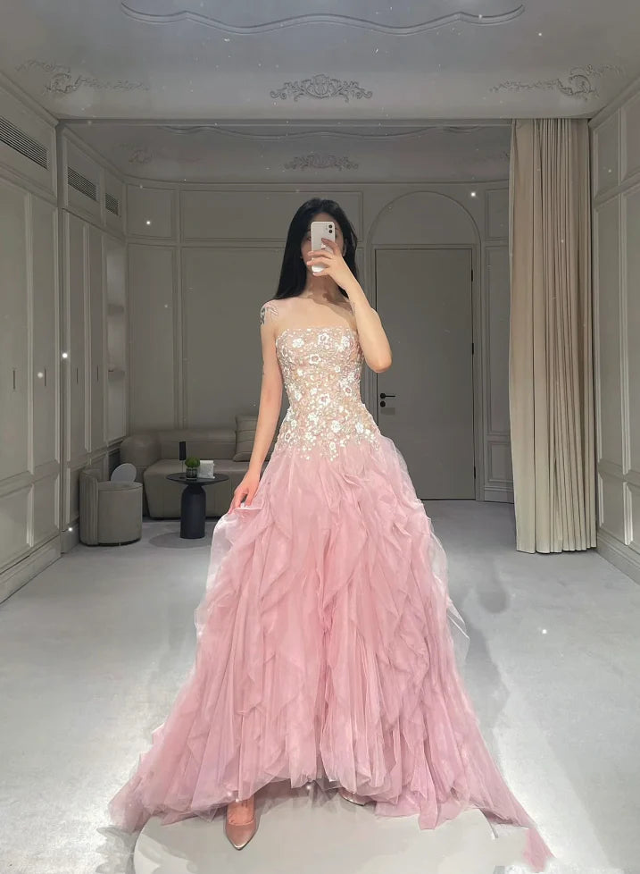 Pink Luxury Exquisite Floral Long Elegant Fairy Ball Gown Off Shoulder Tulle Ball Gown nv3307