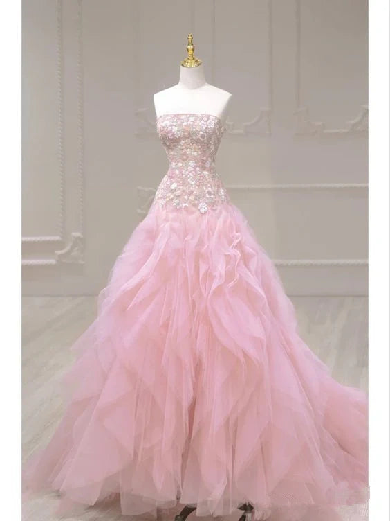 Pink Luxury Exquisite Floral Long Elegant Fairy Ball Gown Off Shoulder Tulle Ball Gown nv3307