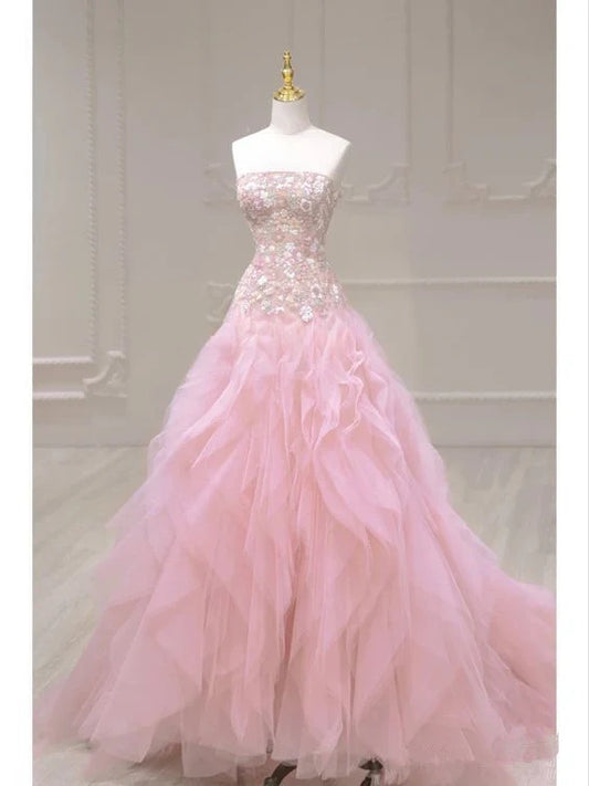 Pink Luxury Exquisite Floral Long Elegant Fairy Ball Gown Off Shoulder Tulle Ball Gown nv3307