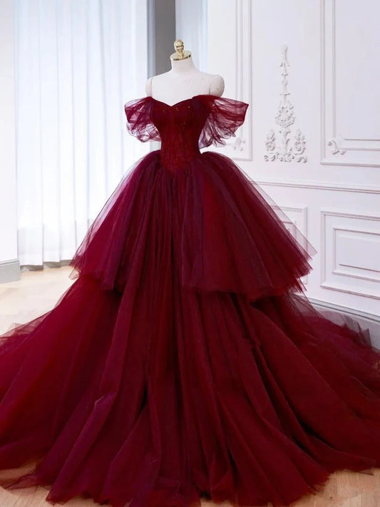 Ballkleid schulterfrei Tüll rot süßes Kleid nv1704