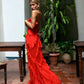 Sexy red ruffled ball gown long sleeve dress evening party dress nv1772