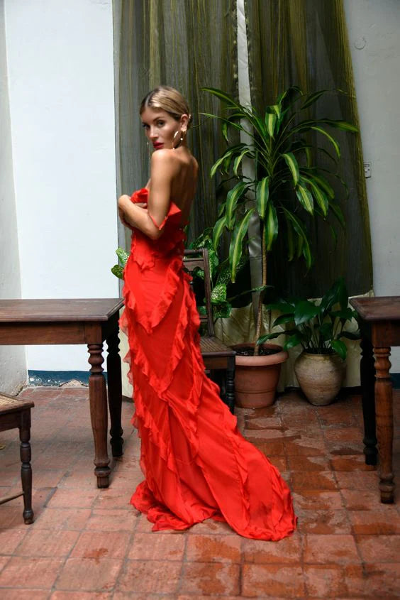 Sexy red ruffled ball gown long sleeve dress evening party dress nv1772