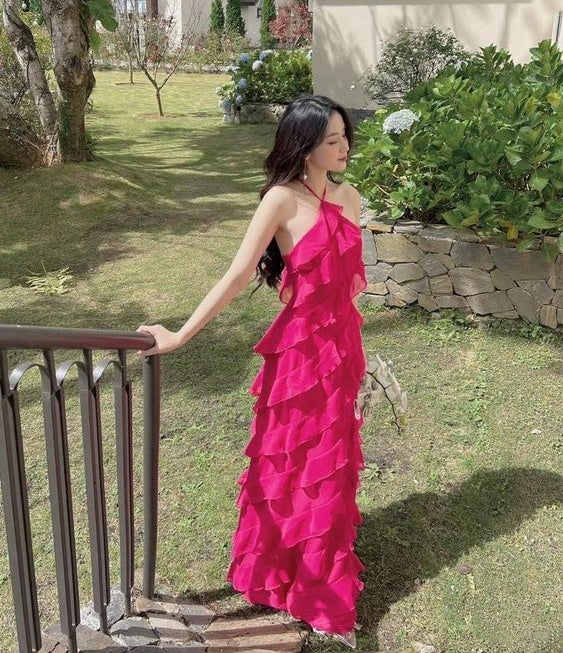 Hot pink fashion strap elegant backless multi-layered long prom dress wedding guest dress tight backless sleeveless chiffon birthday party dress nv2516