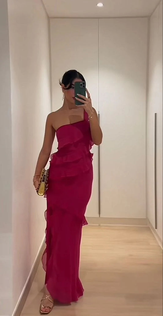 Sexy Etui-Linie One-Shoulder Chiffon Hot Pink Ballkleider nv1650