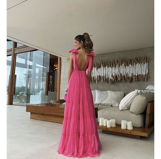 Hot Pink V-neck Halter Strapless Shoulder Bowknot Long Prom Dress Formal Dress Evening Dress Party Dress nv2549