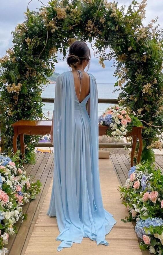 Hellhimmelblaues Chiffon-Ballkleid in A-Linie mit Luftschlangen, nv1722