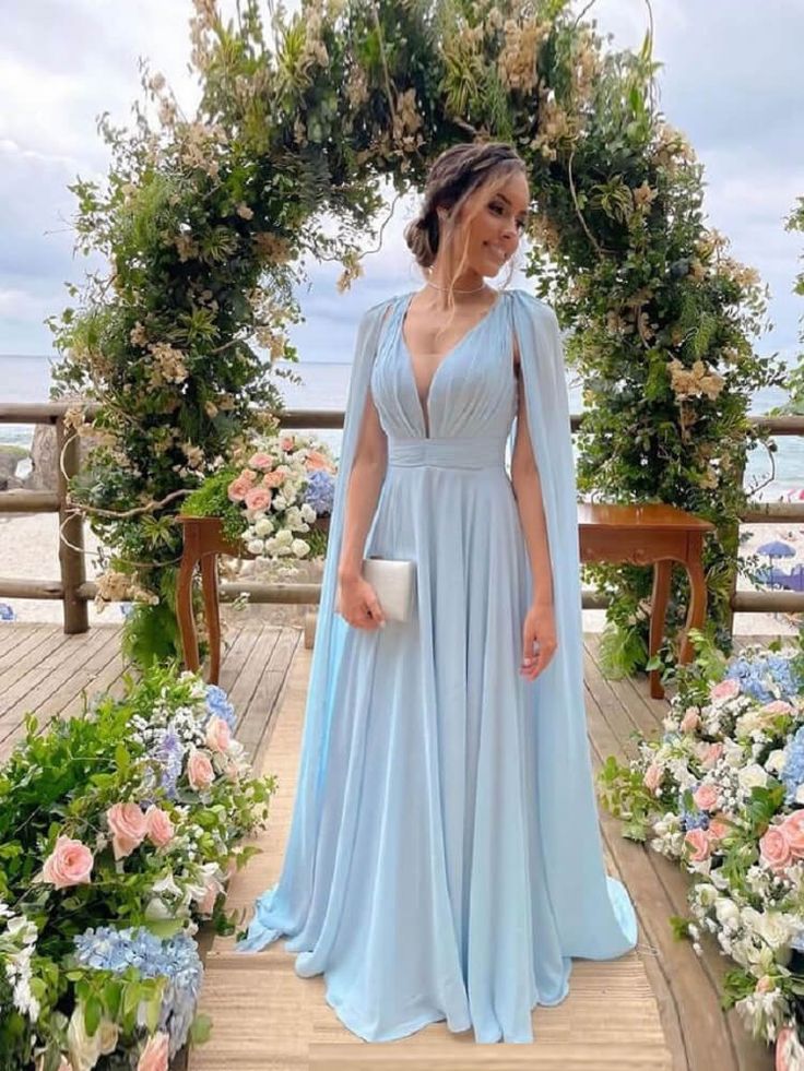 Hellhimmelblaues Chiffon-Ballkleid in A-Linie mit Luftschlangen, nv1722