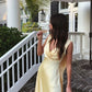 Light Yellow Simple V-neck A-line Satin Long Prom Dress Banquet Dress Evening Dress Party Dress nv2500