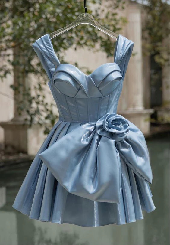 Blaues, schlichtes A-Linien-Kleid mit herzförmigem Ausschnitt und Trägern, Homecoming-Kleid, Geburtstags-Outfit, Partykleid, nv3030