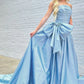 A-Linie, trägerlos, hellblau, langes Satin-Ballkleid mit Schleife, nv1554