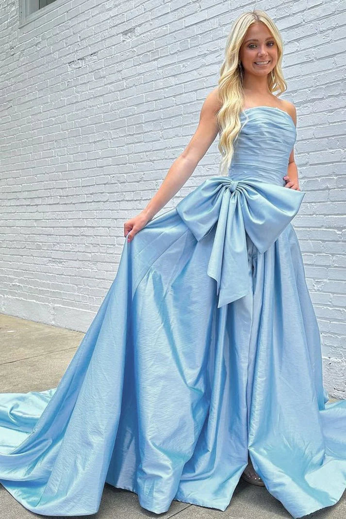 A-Linie, trägerlos, hellblau, langes Satin-Ballkleid mit Schleife, nv1554