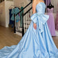 A-Linie, trägerlos, hellblau, langes Satin-Ballkleid mit Schleife, nv1554