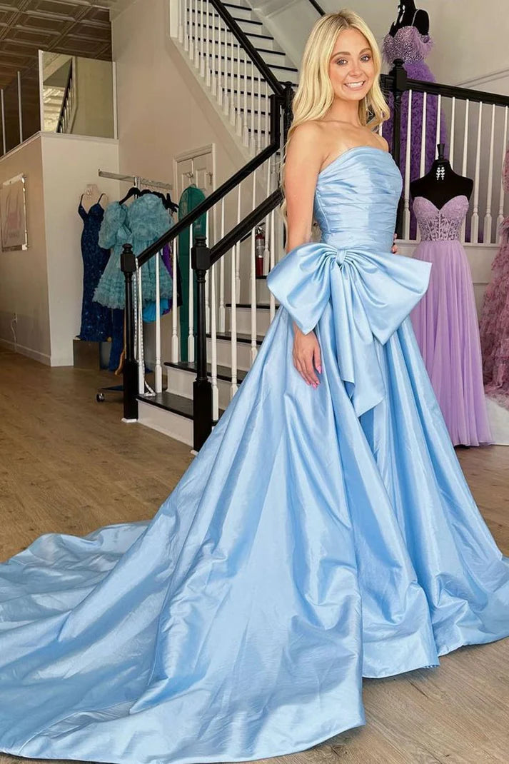 A-Linie, trägerlos, hellblau, langes Satin-Ballkleid mit Schleife, nv1554