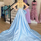 A-Linie, trägerlos, hellblau, langes Satin-Ballkleid mit Schleife, nv1554