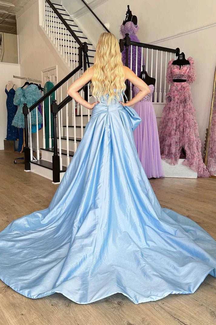 A-Linie, trägerlos, hellblau, langes Satin-Ballkleid mit Schleife, nv1554