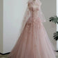 Pink Delicate Floral Applique A-Line Spaghetti Strap Long Tulle Ball Gown Evening Gown Party Dress Fairy Quinceanera Dress nv3486