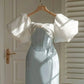 Light Blue Fashion Elegant Puff Sleeve Long Satin Ball Gown Evening Dress Party Dress nv3029