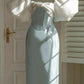 Light Blue Fashion Elegant Puff Sleeve Long Satin Ball Gown Evening Dress Party Dress nv3029