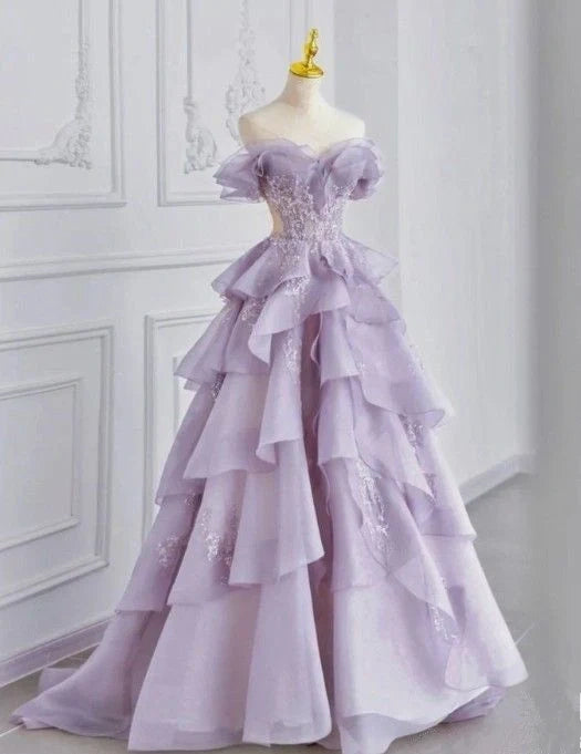 Lilac Elegant Fairy A-line Off-shoulder Long Tulle Ball Gown Evening Dress nv3520