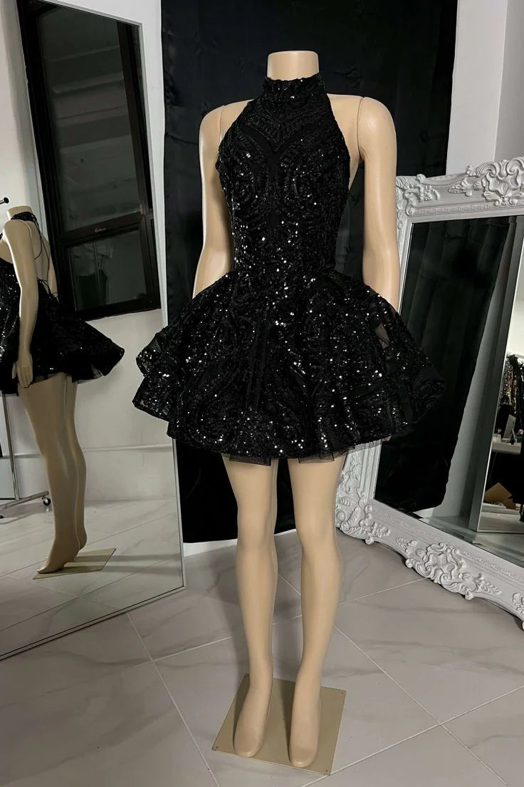 Robe de soirée courte noire classique à col haut et paillettes appliquées, tenue d'anniversaire, robe de soirée nv2028