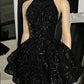 Robe de soirée courte noire classique à col haut et paillettes appliquées, tenue d'anniversaire, robe de soirée nv2028