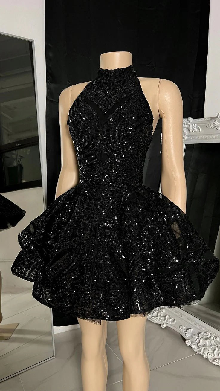 Robe de soirée courte noire classique à col haut et paillettes appliquées, tenue d'anniversaire, robe de soirée nv2028