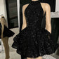 Robe de soirée courte noire classique à col haut et paillettes appliquées, tenue d'anniversaire, robe de soirée nv2028