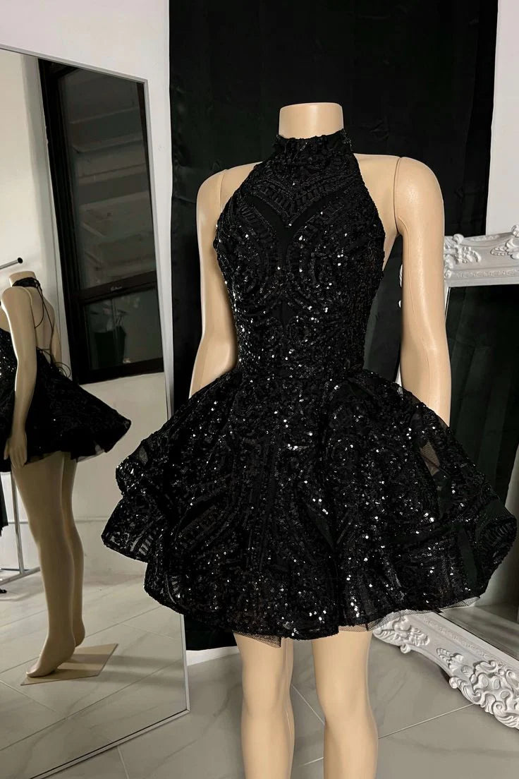 Robe de soirée courte noire classique à col haut et paillettes appliquées, tenue d'anniversaire, robe de soirée nv2028