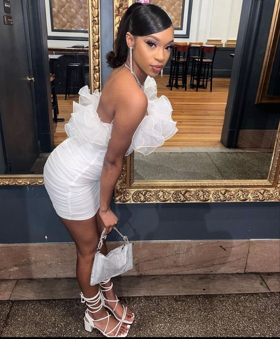 Robe de soirée courte blanche moulante sans bretelles, robe de soirée, robe d'anniversaire nv2103
